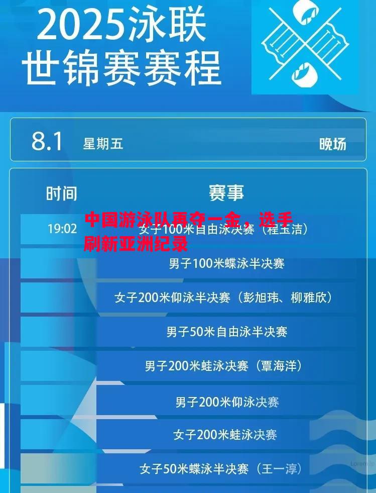 中国游泳队再夺一金,选手刷新亚洲纪录 中国游泳队再夺一金,选手刷新亚洲纪录